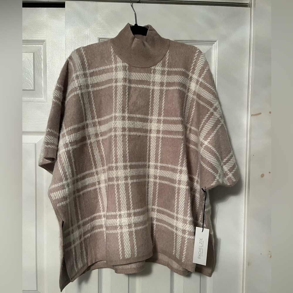 Rachel Zoe Pull Over Poncho Sweater One Size Cream Tan Window Pane Mock Neck